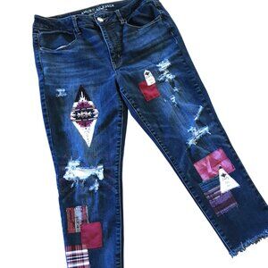 Upcycled Aztec Tribal Patchwork Jeans, Junior Size 12: Distressed Cropped Denim